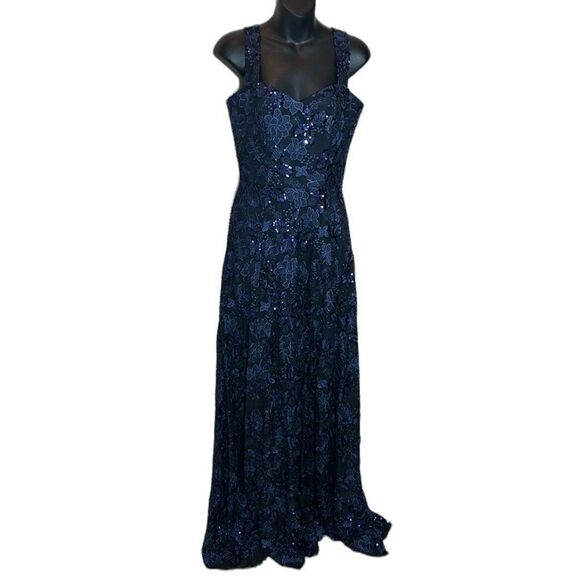 Dress the population anabel floral sequin fit & flare gown navy small new prom - Picture 3 of 16